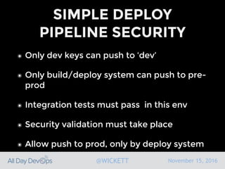 November 15, 2016@WICKETT
SIMPLE DEPLOY
PIPELINE SECURITY
๏ Only dev keys can push to ‘dev’
๏ Only build/deploy system can push to pre-
prod
๏ Integration tests must pass in this env
๏ Security validation must take place
๏ Allow push to prod, only by deploy system
 