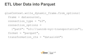 ETL Uber Data into Parquet
glueContext.write_dynamic_frame.from_options(
frame = datasource1,
connection_type = "s3",
conn...