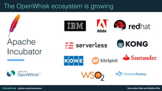 Serverless Web and Mobile APIs@DanielKrook github.com/krook/oscon
Apache
Incubator
The OpenWhisk ecosystem is growing
 