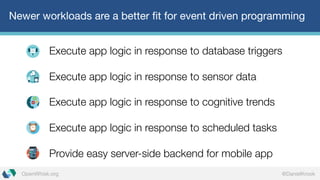 @DanielKrookOpenWhisk.org
Newer workloads are a better fit for event driven programming
Execute app logic in response to database triggers
Execute app logic in response to sensor data
Execute app logic in response to cognitive trends
Execute app logic in response to scheduled tasks
Provide easy server-side backend for mobile app
 
