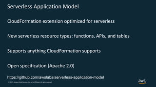 © 2017, Amazon Web Services, Inc. or its Affiliates. All rights reserved.
Serverless Application Model
CloudFormation extension optimized for serverless
New serverless resource types: functions, APIs, and tables
Supports anything CloudFormation supports
Open specification (Apache 2.0)
https://github.com/awslabs/serverless-application-model
 