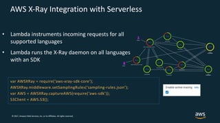 © 2017, Amazon Web Services, Inc. or its Affiliates. All rights reserved.
AWS X-Ray Integration with Serverless
• Lambda instruments incoming requests for all
supported languages
• Lambda runs the X-Ray daemon on all languages
with an SDK
var AWSXRay = require(‘aws-xray-sdk-core‘);
AWSXRay.middleware.setSamplingRules(‘sampling-rules.json’);
var AWS = AWSXRay.captureAWS(require(‘aws-sdk’));
S3Client = AWS.S3();
 