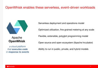12
OpenWhisk enables these serverless, event-driven workloads
Serverless deployment and operations model
Optimized utiliza...