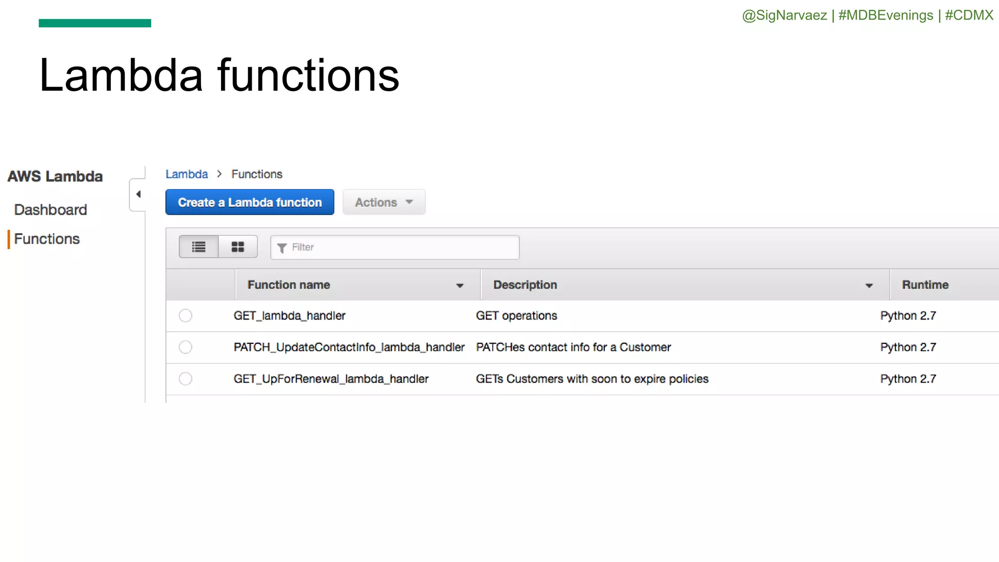 Lambda functions
@SigNarvaez | #MDBEvenings | #CDMX
 