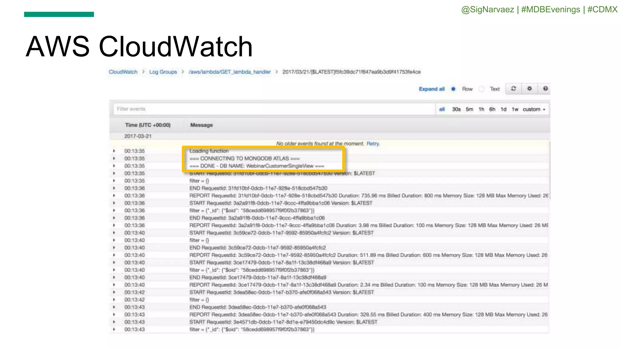 AWS CloudWatch
@SigNarvaez | #MDBEvenings | #CDMX
 