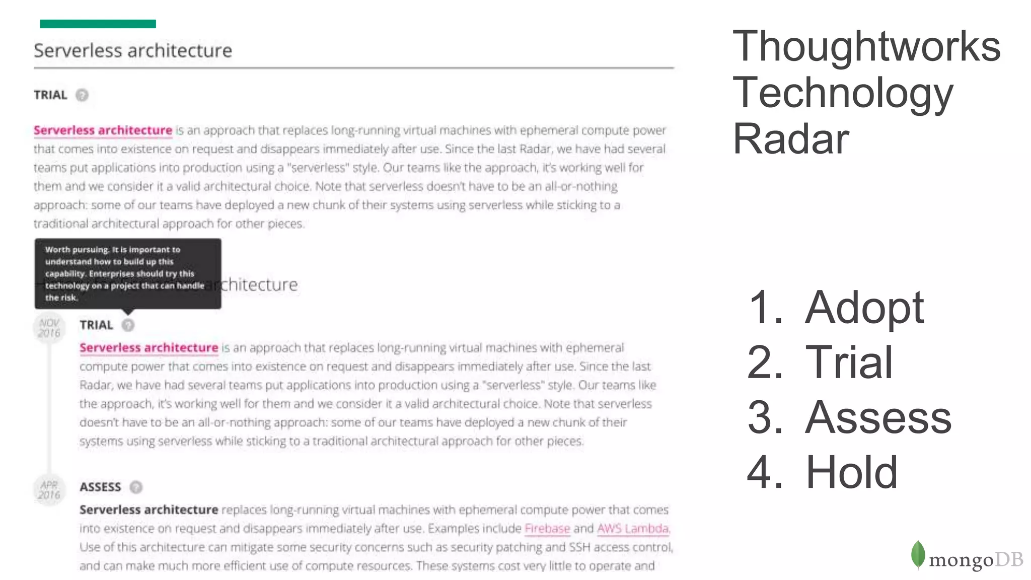 Thoughtworks
Technology
Radar
1. Adopt
2. Trial
3. Assess
4. Hold
 