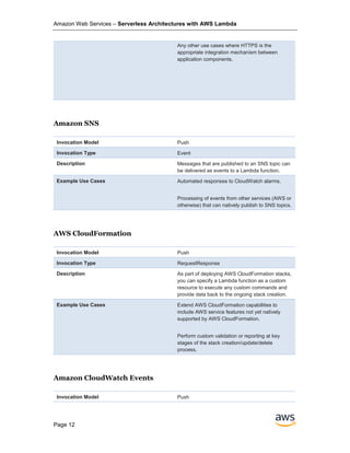 Amazon Web Services – Serverless Architectures with AWS Lambda
Page 12
Any other use cases where HTTPS is the
appropriate integration mechanism between
application components.
Amazon SNS
Invocation Model Push
Invocation Type Event
Description Messages that are published to an SNS topic can
be delivered as events to a Lambda function.
Example Use Cases Automated responses to CloudWatch alarms.
Processing of events from other services (AWS or
otherwise) that can natively publish to SNS topics.
AWS CloudFormation
Invocation Model Push
Invocation Type RequestResponse
Description As part of deploying AWS CloudFormation stacks,
you can specify a Lambda function as a custom
resource to execute any custom commands and
provide data back to the ongoing stack creation.
Example Use Cases Extend AWS CloudFormation capabilities to
include AWS service features not yet natively
supported by AWS CloudFormation.
Perform custom validation or reporting at key
stages of the stack creation/update/delete
process.
Amazon CloudWatch Events
Invocation Model Push
 