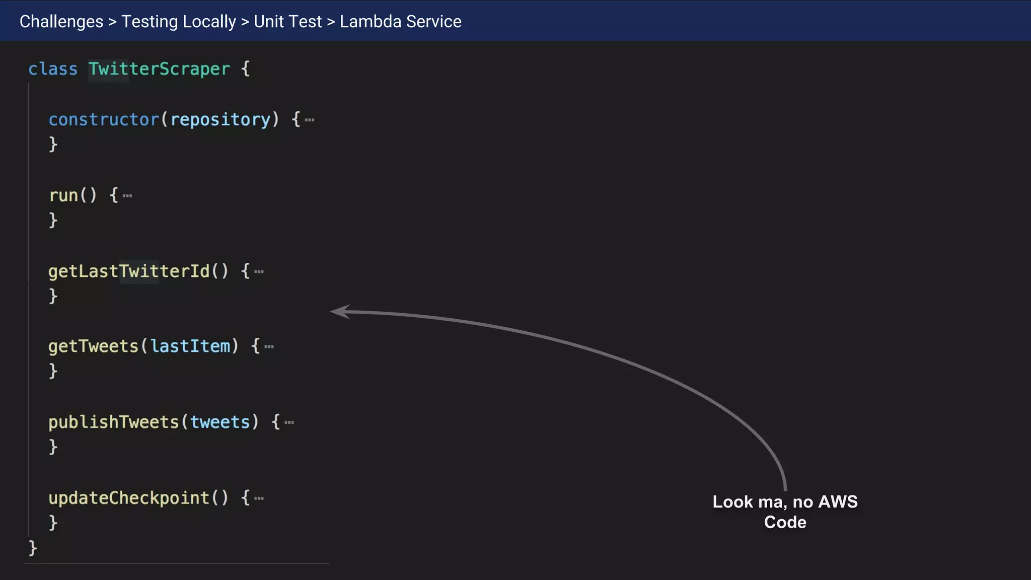Challenges > Testing Locally > Unit Test > Lambda Service
Look ma, no AWS
Code
 
