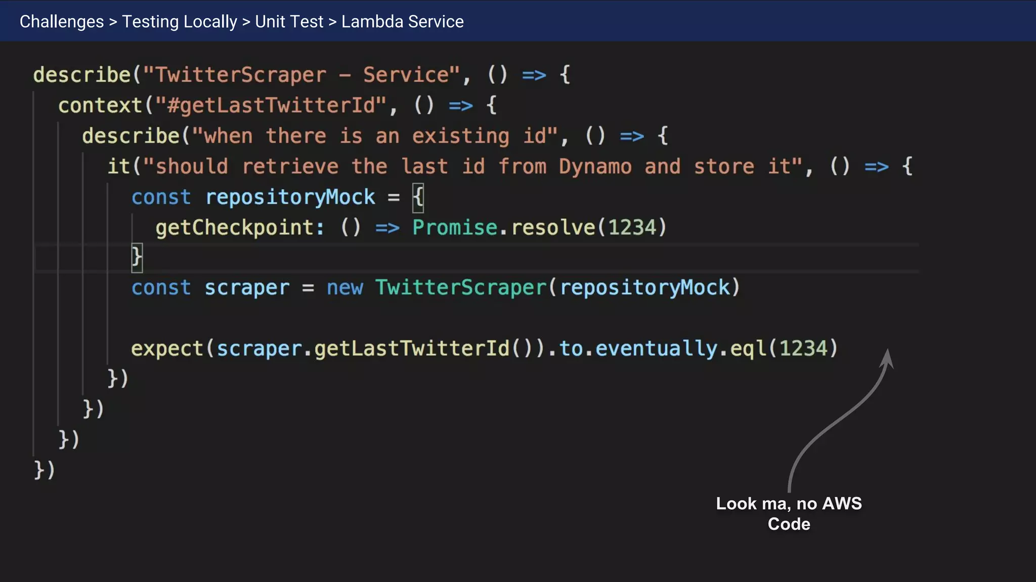 Challenges > Testing Locally > Unit Test > Lambda Service
Look ma, no AWS
Code
 