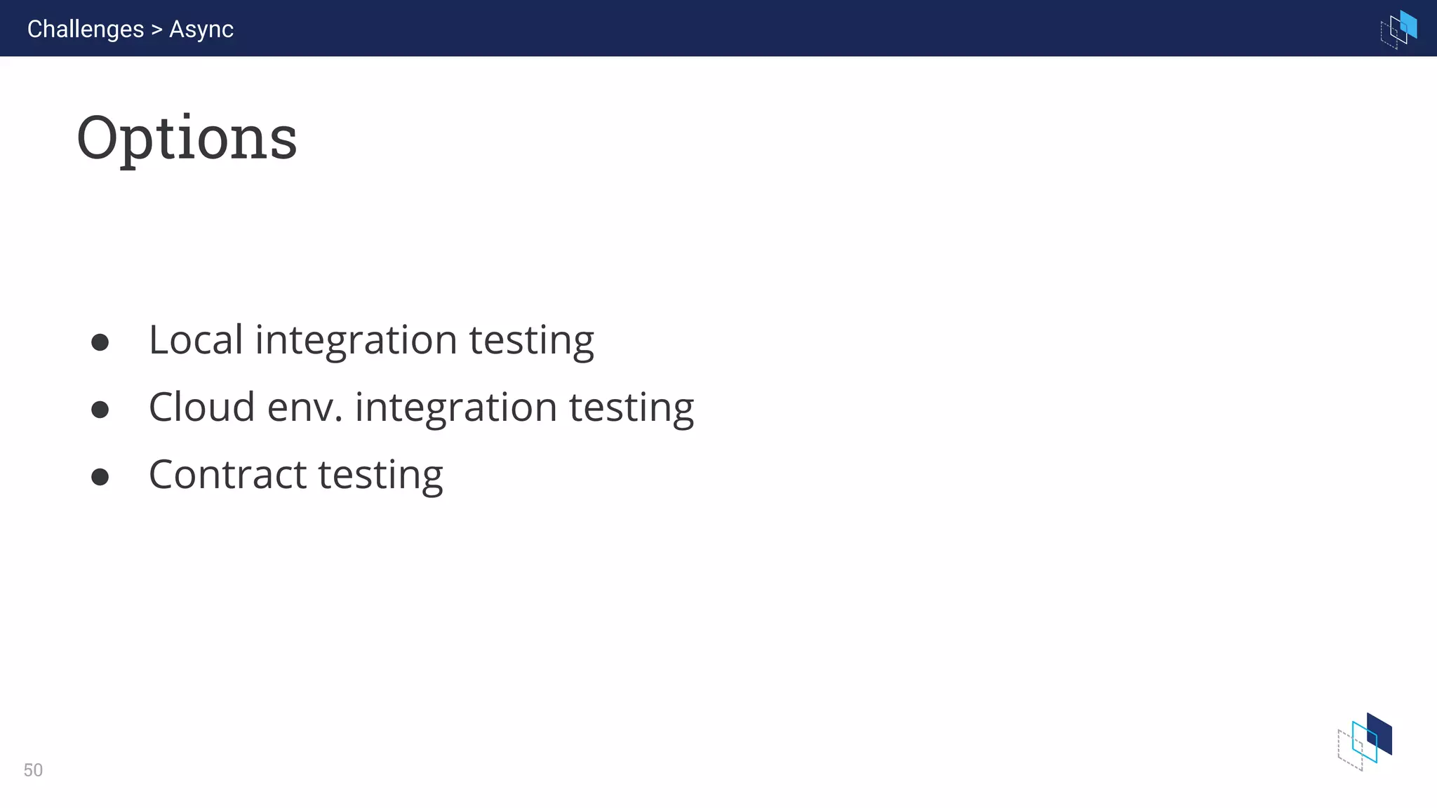 WHAT WE ARE KNOWN FOR
50
Options
● Local integration testing
● Cloud env. integration testing
● Contract testing
Challenges > Async
 