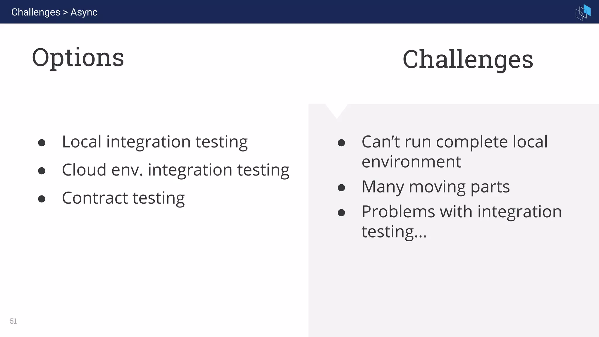 WHAT WE ARE KNOWN FOR
51
Options
● Can’t run complete local
environment
● Many moving parts
● Problems with integration
testing...
● Local integration testing
● Cloud env. integration testing
● Contract testing
Challenges
Challenges > Async
 