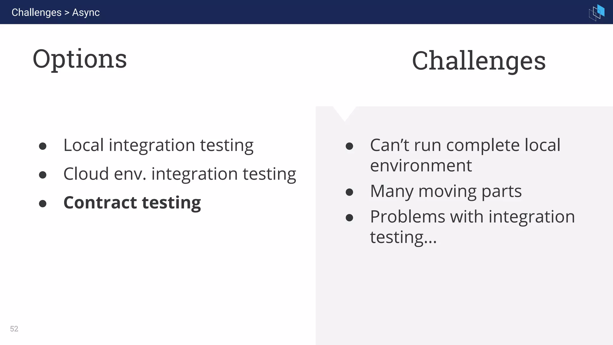 WHAT WE ARE KNOWN FOR
52
Options
● Can’t run complete local
environment
● Many moving parts
● Problems with integration
testing...
● Local integration testing
● Cloud env. integration testing
● Contract testing
Challenges
Challenges > Async
 
