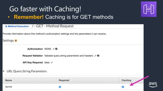 © 2019, Amazon Web Services, Inc. or its affiliates. All rights reserved.
Go faster with Caching!
• Remember! Caching is f...