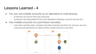 Lessons Learned - 4
● You can use multiple accounts as an alternative to multi-tenancy
○ Customers can pay for their own resources
○ Customers are responsible for their own Operations (backups, account security etc.)
● Use multiple accounts as a permission boundary
○ Lock down sensitive data, Lambdas and state machines into their own account, and use
cross-account permissions to allow another named account to use them.
 