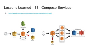 Lessons Learned - 11 - Compose Services
● https://www.jeremydaly.com/serverless-microservice-patterns-for-aws/
 
