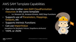 © 2019, Amazon Web Services, Inc. or its affiliates. All rights reserved.S U M M I T
AWS SAM Template Capabilities
• Can m...