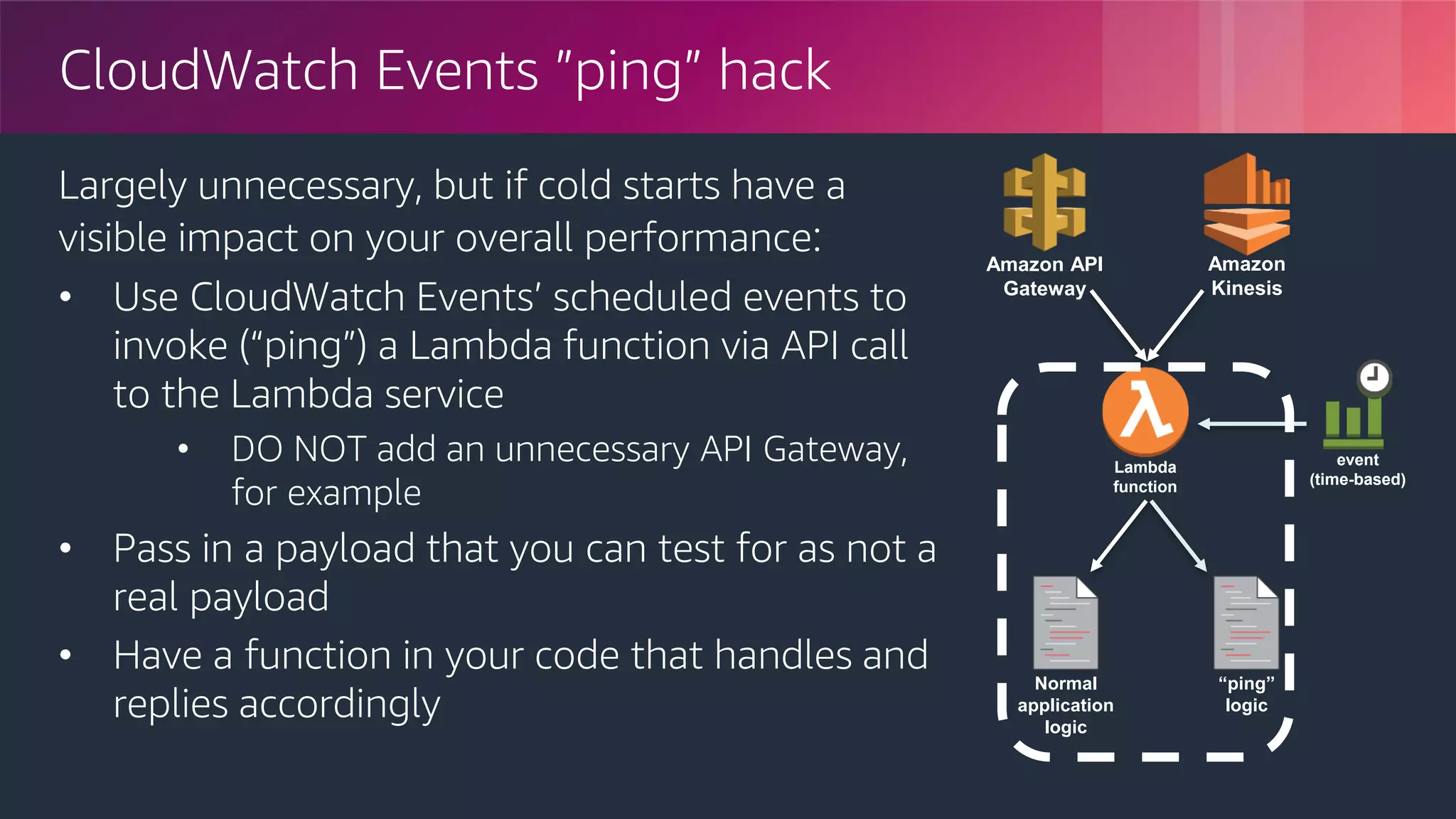 © 2018, Amazon Web Services, Inc. or its Affiliates. All rights reserved.
CloudWatch Events ”ping” hack
Largely unnecessary, but if cold starts have a
visible impact on your overall performance:
• Use CloudWatch Events’ scheduled events to
invoke (“ping”) a Lambda function via API call
to the Lambda service
• DO NOT add an unnecessary API Gateway,
for example
• Pass in a payload that you can test for as not a
real payload
• Have a function in your code that handles and
replies accordingly
Lambda
function
event
(time-based)
Amazon API
Gateway
Amazon
Kinesis
Normal
application
logic
“ping”
logic
 