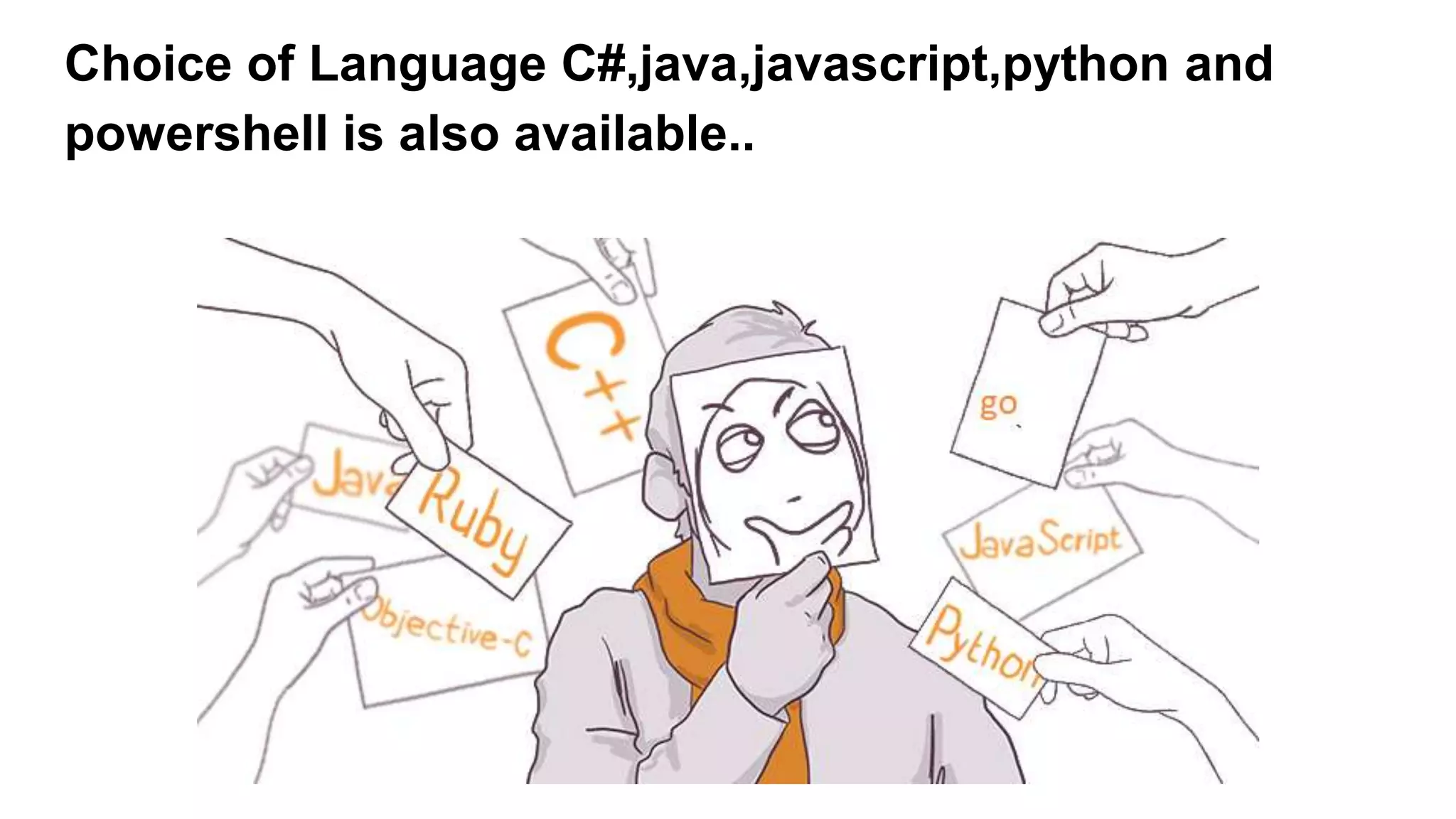 Choice of Language C#,java,javascript,python and
powershell is also available..
 