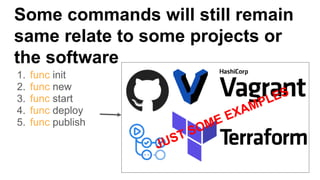 Some commands will still remain
same relate to some projects or
the software
1. func init
2. func new
3. func start
4. func deploy
5. func publish
 