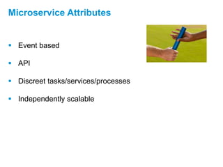  Event based
 API
 Discreet tasks/services/processes
 Independently scalable
Microservice Attributes
 
