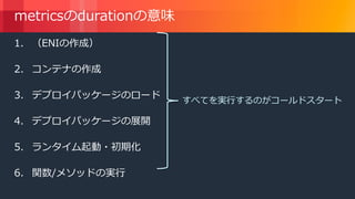 © 2018, Amazon Web Services, Inc. or its Affiliates. All rights reserved.
metricsのdurationの意味
1. （ENIの作成）
2. コンテナの作成
3. デプロイパッケージのロード
4. デプロイパッケージの展開
5. ランタイム起動・初期化
6. 関数/メソッドの実行
すべてを実行するのがコールドスタート
 
