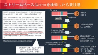 © 2018, Amazon Web Services, Inc. or its Affiliates. All rights reserved.
ストリームベースはerrorを検知したら要注意
https://aws.amazon.com/jp/lambda/faqs/
異常データ
Stream
Batch
size 2
2件read /処理
し、正常終了
続きの2件をread、
1件目のデータで
exception 終了
checkpointが進ま
ないので、同じ
データを読む
（有効期限まで)
これを防ぐには、不正データは
ログ、queueなどに通知、
Lambdaは正常終了させる
checkpoint
正常終了に合わせて
checkpointが進む
Lambdaが正常終了ではないの
で、checkpointが進まない
 