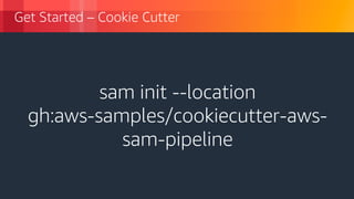 Get Started – Cookie Cutter
sam init --location
gh:aws-samples/cookiecutter-aws-
sam-pipeline
 