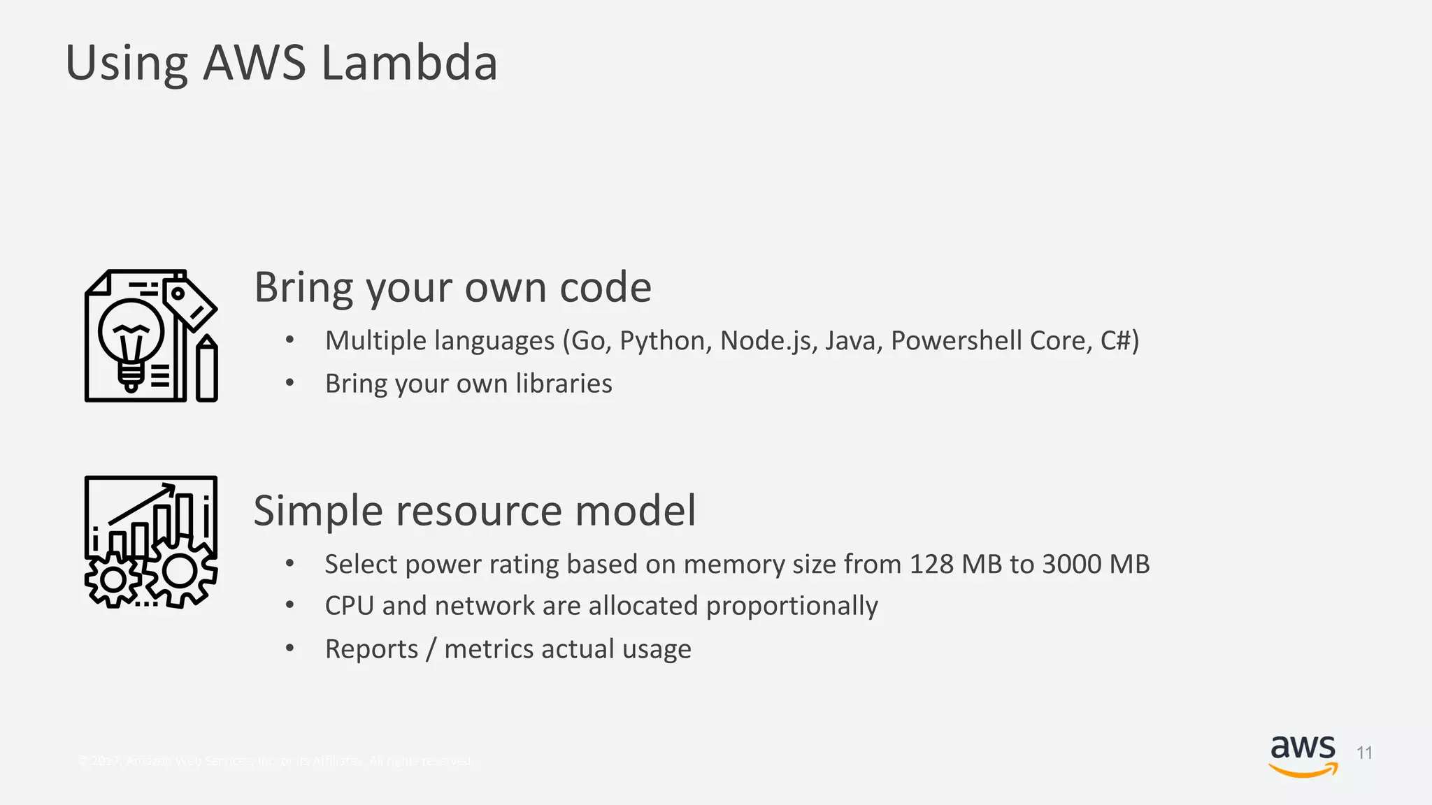 © 2017, Amazon Web Services, Inc. or its Affiliates. All rights reserved.
Using AWS Lambda
Bring your own code
• Multiple languages (Go, Python, Node.js, Java, Powershell Core, C#)
• Bring your own libraries
Simple resource model
• Select power rating based on memory size from 128 MB to 3000 MB
• CPU and network are allocated proportionally
• Reports / metrics actual usage
11
 