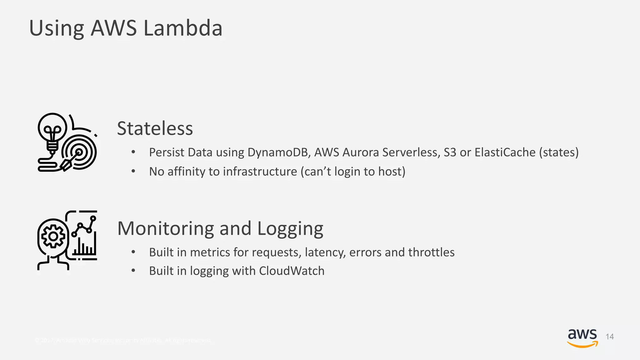 © 2017, Amazon Web Services, Inc. or its Affiliates. All rights reserved.
Using AWS Lambda
Stateless
• Persist Data using DynamoDB, AWS Aurora Serverless, S3 or ElastiCache (states)
• No affinity to infrastructure (can’t login to host)
Monitoring and Logging
• Built in metrics for requests, latency, errors and throttles
• Built in logging with CloudWatch
14
 
