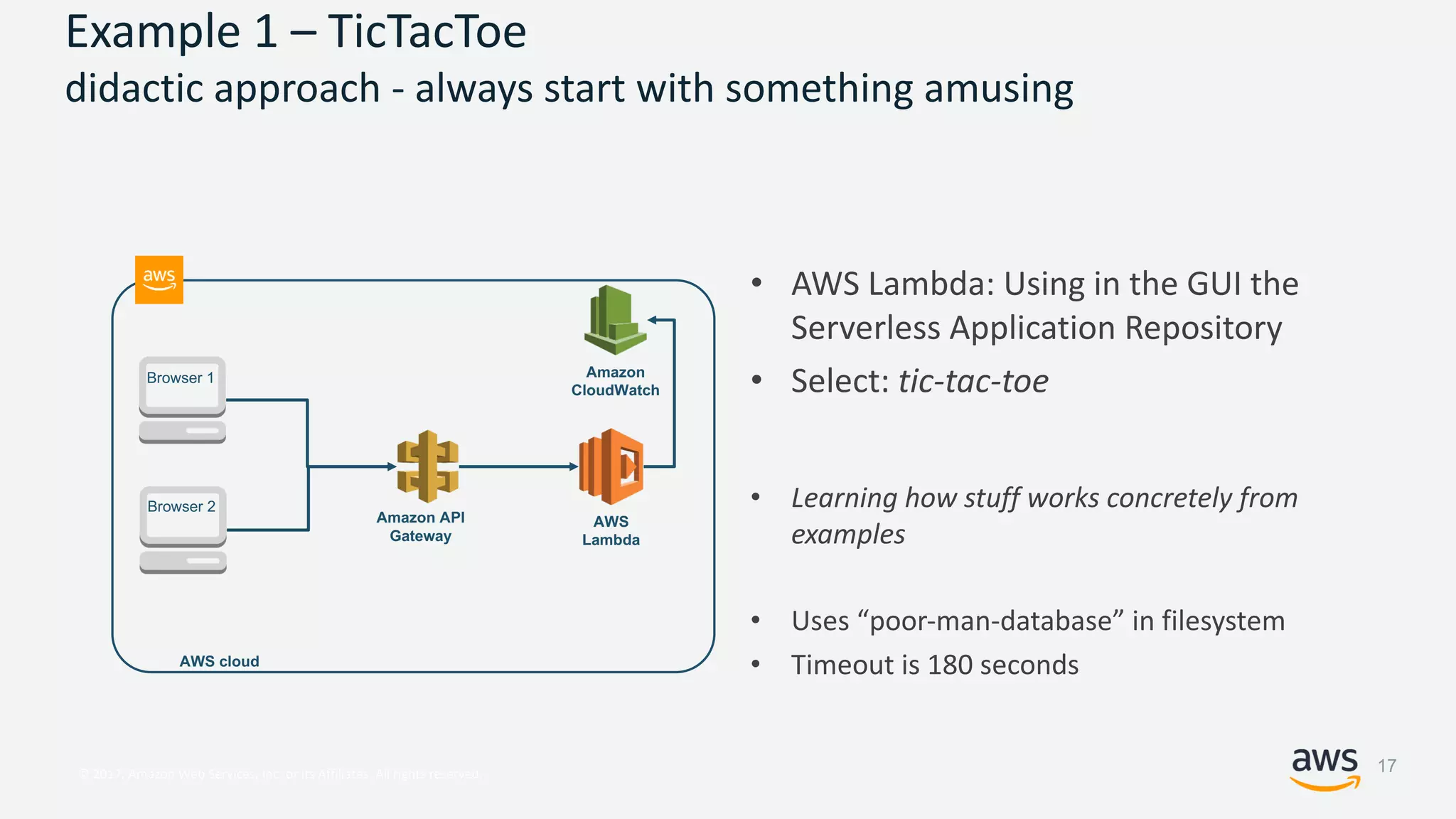© 2017, Amazon Web Services, Inc. or its Affiliates. All rights reserved.
Example 1 – TicTacToe
didactic approach - always start with something amusing
• AWS Lambda: Using in the GUI the
Serverless Application Repository
• Select: tic-tac-toe
• Learning how stuff works concretely from
examples
• Uses “poor-man-database” in filesystem
• Timeout is 180 seconds
AWS
Lambda
AWS cloud
Amazon API
Gateway
Browser 1
Browser 2
Amazon
CloudWatch
17
 