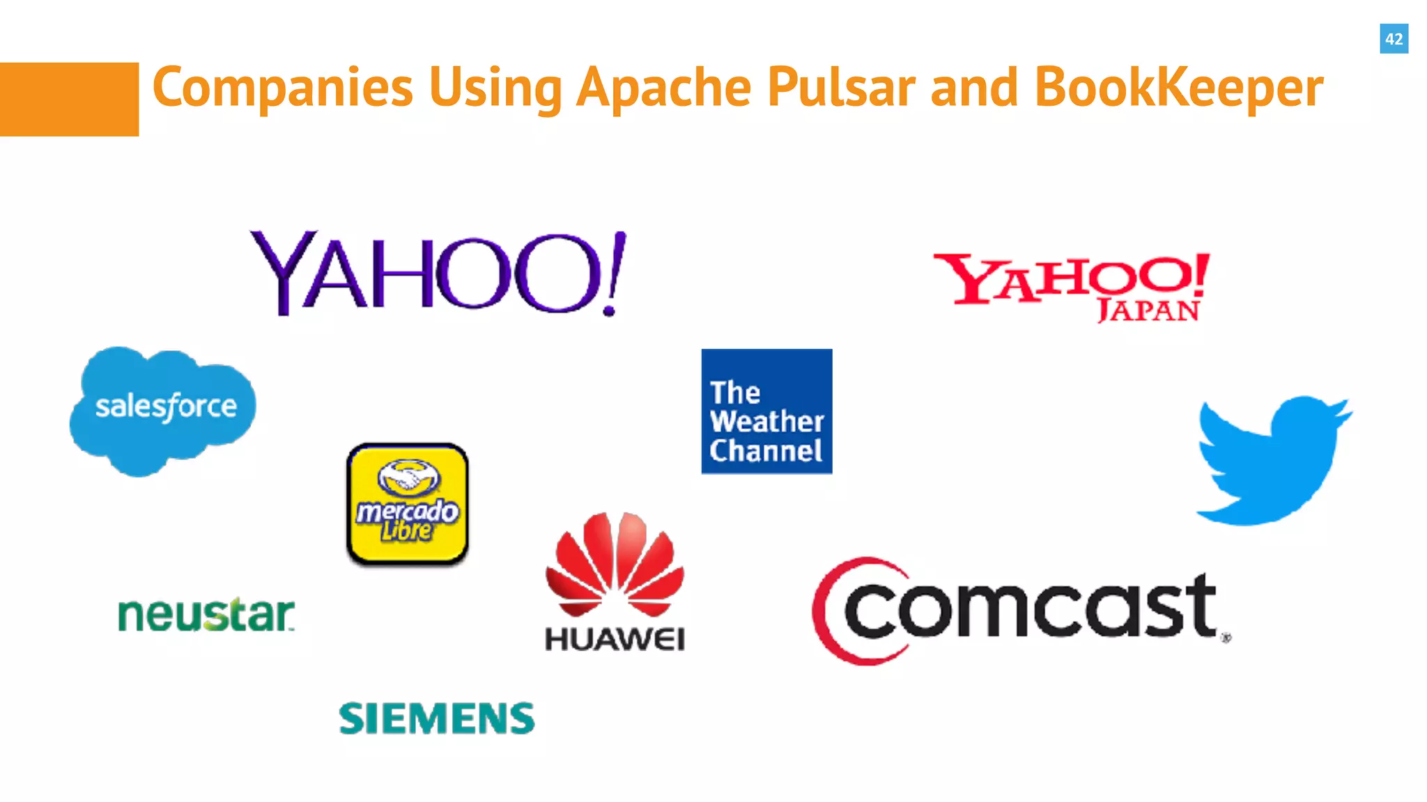 42
Companies Using Apache Pulsar and BookKeeper
 