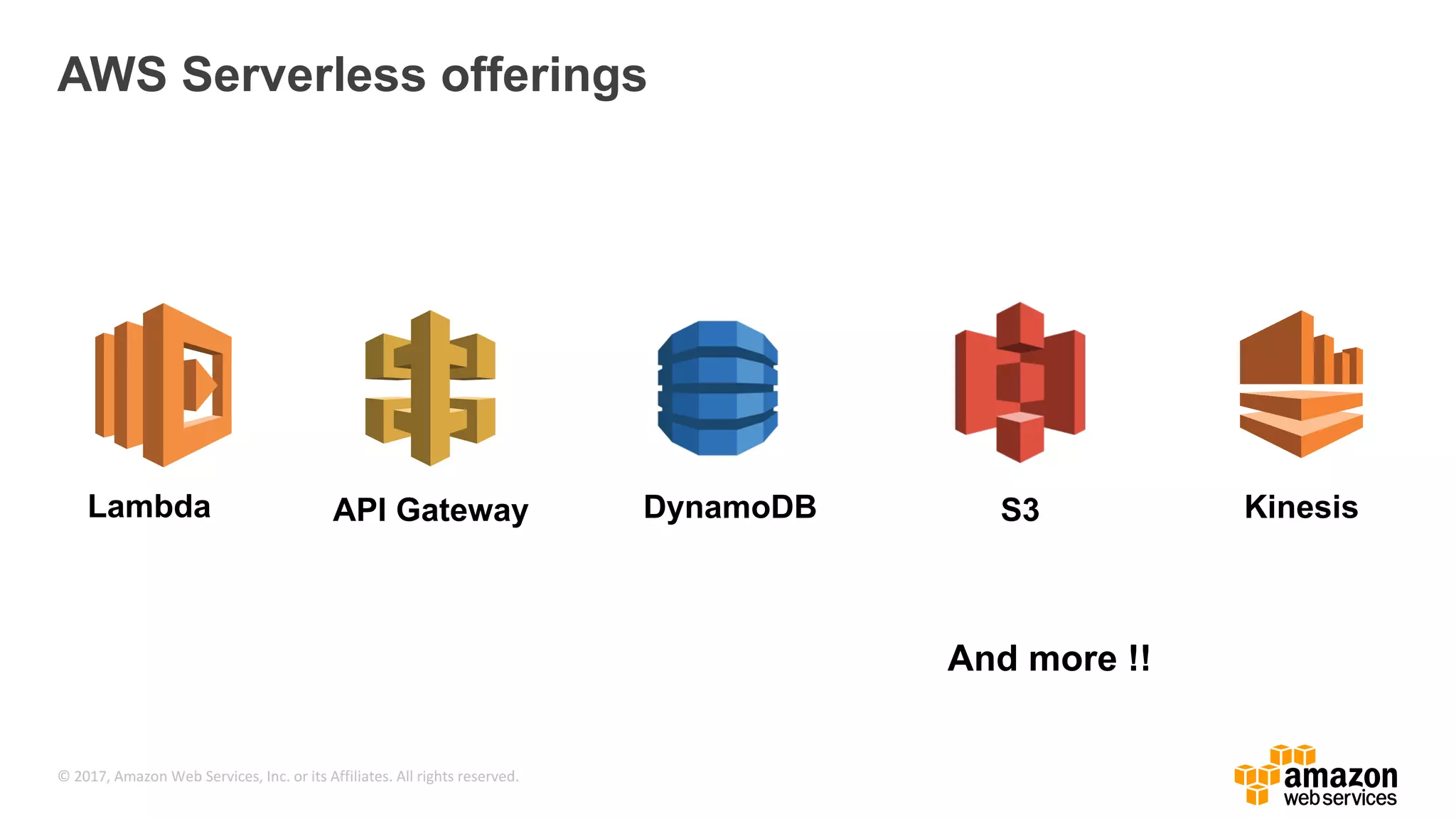 © 2017, Amazon Web Services, Inc. or its Affiliates. All rights reserved. AWS Serverless offerings And more !! Lambda DynamoDB S3 Kinesis 