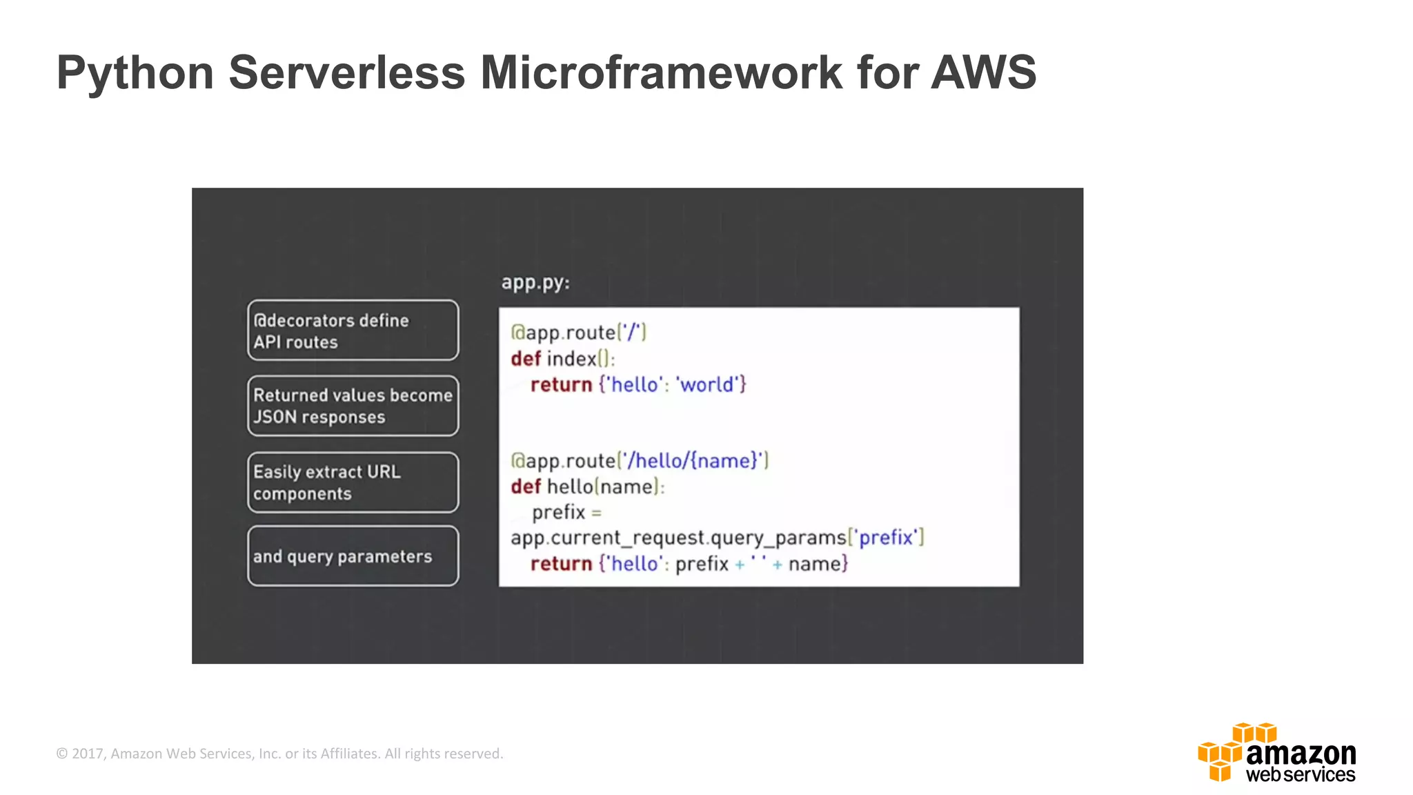 © 2017, Amazon Web Services, Inc. or its Affiliates. All rights reserved. Python Serverless Microframework for AWS 
