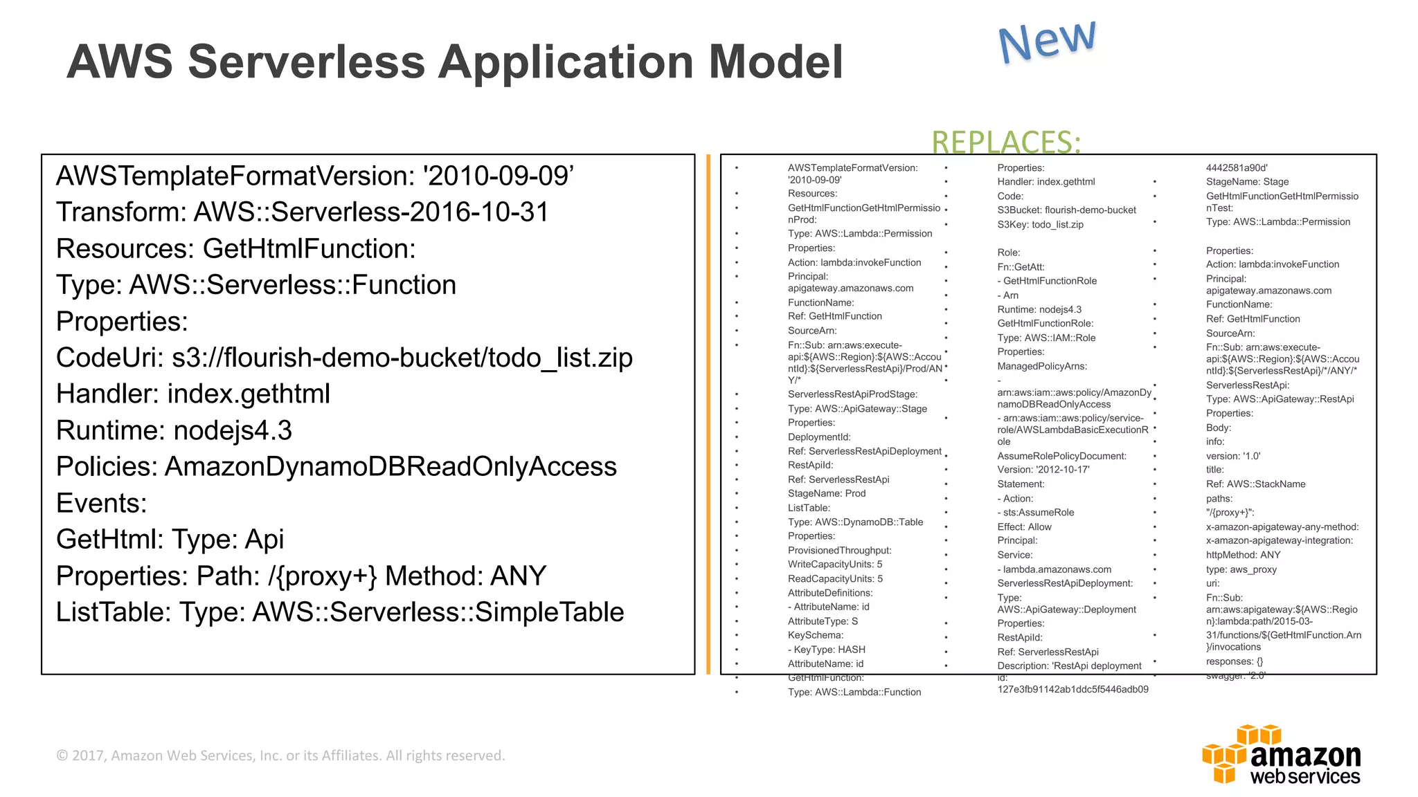© 2017, Amazon Web Services, Inc. or its Affiliates. All rights reserved. AWSTemplateFormatVersion: '2010-09-09’ Transform: AWS::Serverless-2016-10-31 Resources: GetHtmlFunction: Type: AWS::Serverless::Function Properties: CodeUri: s3://flourish-demo-bucket/todo_list.zip Handler: index.gethtml Runtime: nodejs4.3 Policies: AmazonDynamoDBReadOnlyAccess Events: GetHtml: Type: Api Properties: Path: /{proxy+} Method: ANY ListTable: Type: AWS::Serverless::SimpleTable • AWSTemplateFormatVersion: '2010-09-09' • Resources: • GetHtmlFunctionGetHtmlPermissio nProd: • Type: AWS::Lambda::Permission • Properties: • Action: lambda:invokeFunction • Principal: apigateway.amazonaws.com • FunctionName: • Ref: GetHtmlFunction • SourceArn: • Fn::Sub: arn:aws:execute- api:${AWS::Region}:${AWS::Accou ntId}:${ServerlessRestApi}/Prod/AN Y/* • ServerlessRestApiProdStage: • Type: AWS::ApiGateway::Stage • Properties: • DeploymentId: • Ref: ServerlessRestApiDeployment • RestApiId: • Ref: ServerlessRestApi • StageName: Prod • ListTable: • Type: AWS::DynamoDB::Table • Properties: • ProvisionedThroughput: • WriteCapacityUnits: 5 • ReadCapacityUnits: 5 • AttributeDefinitions: • - AttributeName: id • AttributeType: S • KeySchema: • - KeyType: HASH • AttributeName: id • GetHtmlFunction: • Type: AWS::Lambda::Function • Properties: • Handler: index.gethtml • Code: • S3Bucket: flourish-demo-bucket • S3Key: todo_list.zip • Role: • Fn::GetAtt: • - GetHtmlFunctionRole • - Arn • Runtime: nodejs4.3 • GetHtmlFunctionRole: • Type: AWS::IAM::Role • Properties: • ManagedPolicyArns: • - arn:aws:iam::aws:policy/AmazonDy namoDBReadOnlyAccess • - arn:aws:iam::aws:policy/service- role/AWSLambdaBasicExecutionR ole • AssumeRolePolicyDocument: • Version: '2012-10-17' • Statement: • - Action: • - sts:AssumeRole • Effect: Allow • Principal: • Service: • - lambda.amazonaws.com • ServerlessRestApiDeployment: • Type: AWS::ApiGateway::Deployment • Properties: • RestApiId: • Ref: ServerlessRestApi • Description: 'RestApi deployment id: 127e3fb91142ab1ddc5f5446adb09 4442581a90d' • StageName: Stage • GetHtmlFunctionGetHtmlPermissio nTest: • Type: AWS::Lambda::Permission • Properties: • Action: lambda:invokeFunction • Principal: apigateway.amazonaws.com • FunctionName: • Ref: GetHtmlFunction • SourceArn: • Fn::Sub: arn:aws:execute- api:${AWS::Region}:${AWS::Accou ntId}:${ServerlessRestApi}/*/ANY/* • ServerlessRestApi: • Type: AWS::ApiGateway::RestApi • Properties: • Body: • info: • version: '1.0' • title: • Ref: AWS::StackName • paths: • "/{proxy+}": • x-amazon-apigateway-any-method: • x-amazon-apigateway-integration: • httpMethod: ANY • type: aws_proxy • uri: • Fn::Sub: arn:aws:apigateway:${AWS::Regio n}:lambda:path/2015-03- • 31/functions/${GetHtmlFunction.Arn }/invocations • responses: {} • swagger: '2.0' AWS Serverless Application Model REPLACES: 