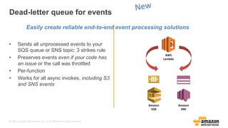 © 2017, Amazon Web Services, Inc. or its Affiliates. All rights reserved.
Easily create reliable end-to-end event processing solutions
• Sends all unprocessed events to your
SQS queue or SNS topic: 3 strikes rule
• Preserves events even if your code has
an issue or the call was throttled
• Per-function
• Works for all async invokes, including S3
and SNS events
Dead-letter queue for events
Amazon
SQS
Amazon
SNS
AWS
Lambda
 