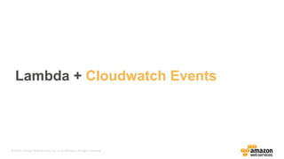 © 2017, Amazon Web Services, Inc. or its Affiliates. All rights reserved.
Lambda + Cloudwatch Events
 
