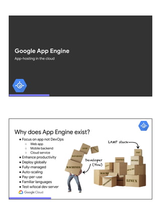 Google App Engine
App-hosting in the cloud
Why does App Engine exist?
● Focus on app not DevOps
○ Web app
○ Mobile backend
○ Cloud service
● Enhance productivity
● Deploy globally
● Fully-managed
● Auto-scaling
● Pay-per-use
● Familiar languages
● Test w/local dev server
 