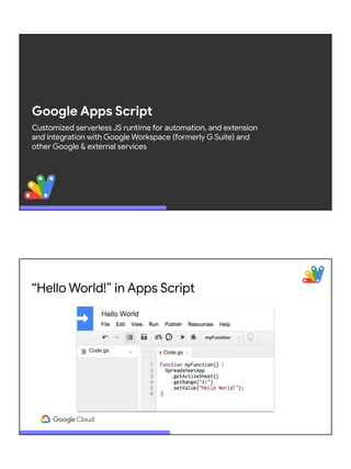 Google Apps Script
Customized serverless JS runtime for automation, and extension
and integration with Google Workspace (formerly G Suite) and
other Google & external services
“Hello World!” in Apps Script
 
