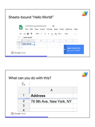 Sheets-bound “Hello World!”
Apps Script intro
goo.gl/1sXeuD
What can you do with this?
 