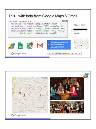 Accessing maps from
spreadsheets?!?
goo.gl/oAzBN9
This… with help from Google Maps & Gmail
function sendMap() {
var sheet = SpreadsheetApp.getActiveSheet();
var address = sheet.getRange("A2").getValue();
var map = Maps.newStaticMap().addMarker(address);
GmailApp.sendEmail('friend@example.com', 'Map',
'See below.', {attachments:[map]});
}
JS
g.co/codelabs/apps-script-intro
 