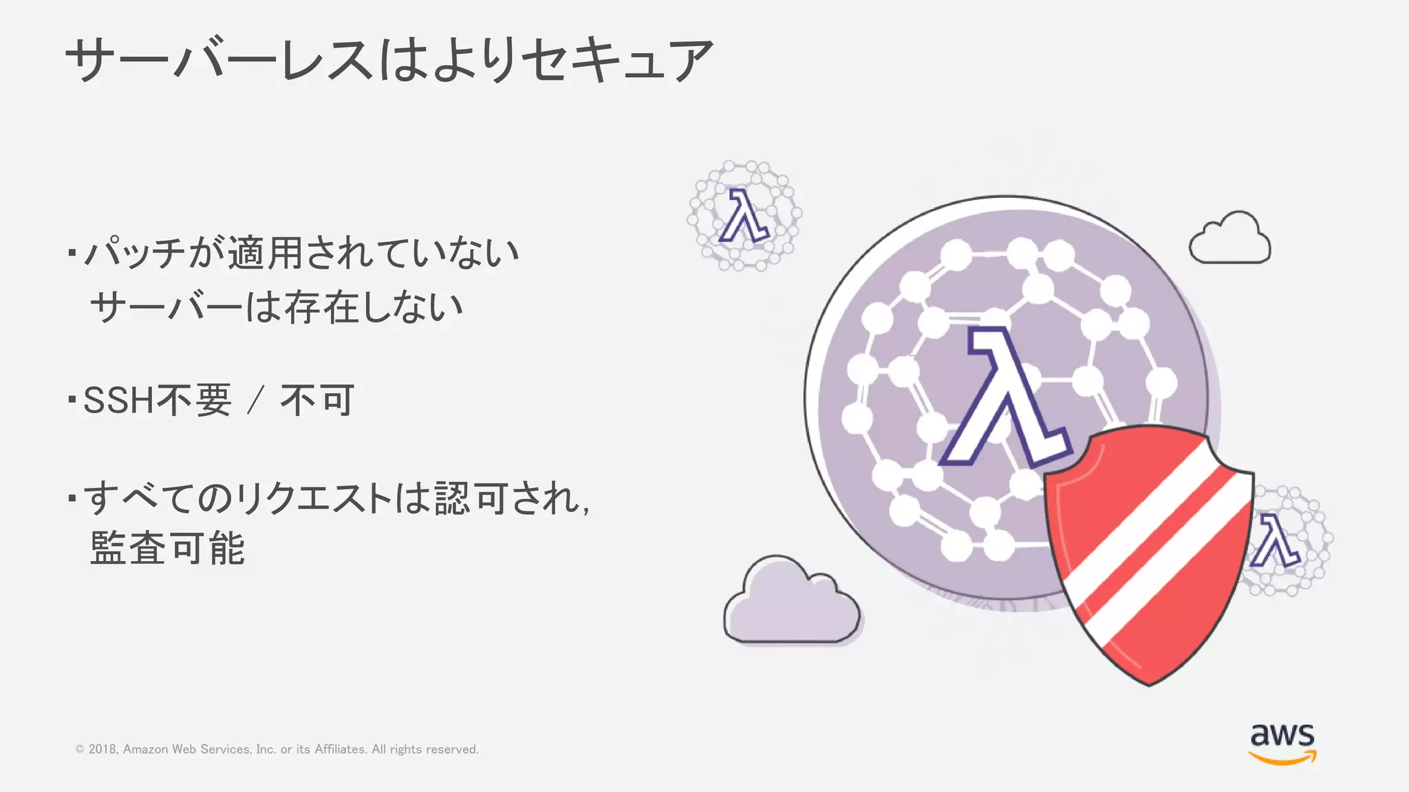 © 2018, Amazon Web Services, Inc. or its Affiliates. All rights reserved.
サーバーレスはよりセキュア
・パッチが適用されていない
　サーバーは存在しない
・SSH不要 / 不可
・すべてのリクエストは認可され，
　監査可能
 