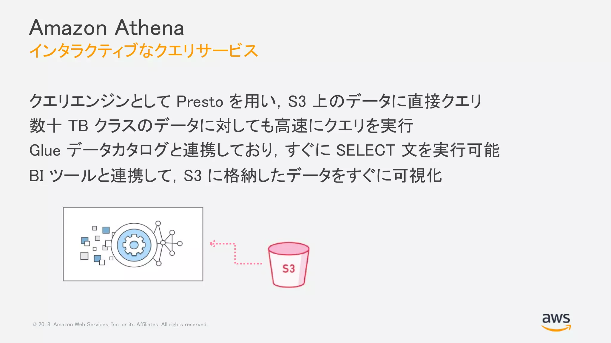 © 2018, Amazon Web Services, Inc. or its Affiliates. All rights reserved.
Amazon Athena
インタラクティブなクエリサービス
クエリエンジンとして Presto を用い，S3 上のデータに直接クエリ
数十 TB クラスのデータに対しても高速にクエリを実行
Glue データカタログと連携しており，すぐに SELECT 文を実行可能
BI ツールと連携して，S3 に格納したデータをすぐに可視化
 