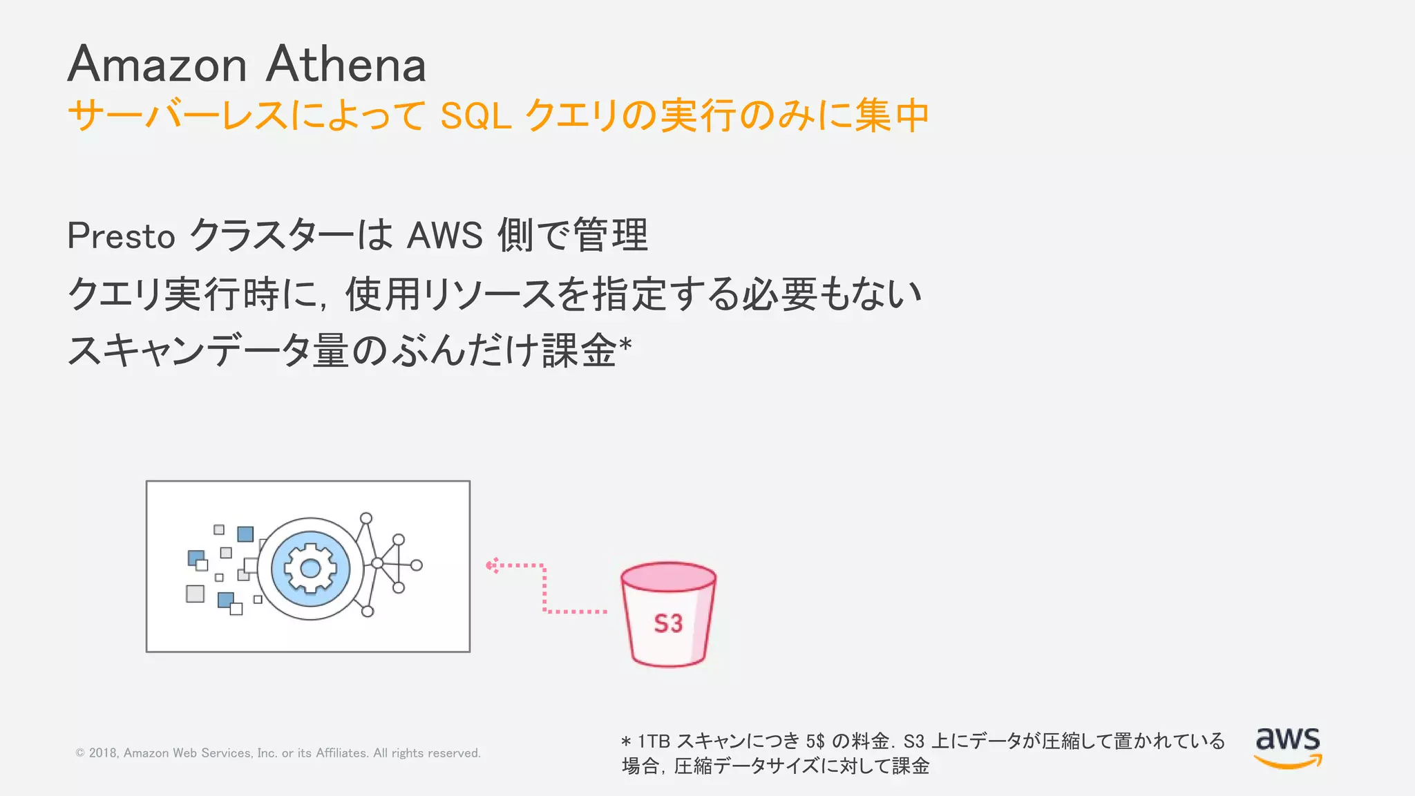 © 2018, Amazon Web Services, Inc. or its Affiliates. All rights reserved.
Amazon Athena
サーバーレスによって SQL クエリの実行のみに集中
Presto クラスターは AWS 側で管理
クエリ実行時に，使用リソースを指定する必要もない
スキャンデータ量のぶんだけ課金*
* 1TB スキャンにつき 5$ の料金．S3 上にデータが圧縮して置かれている
場合，圧縮データサイズに対して課金
 