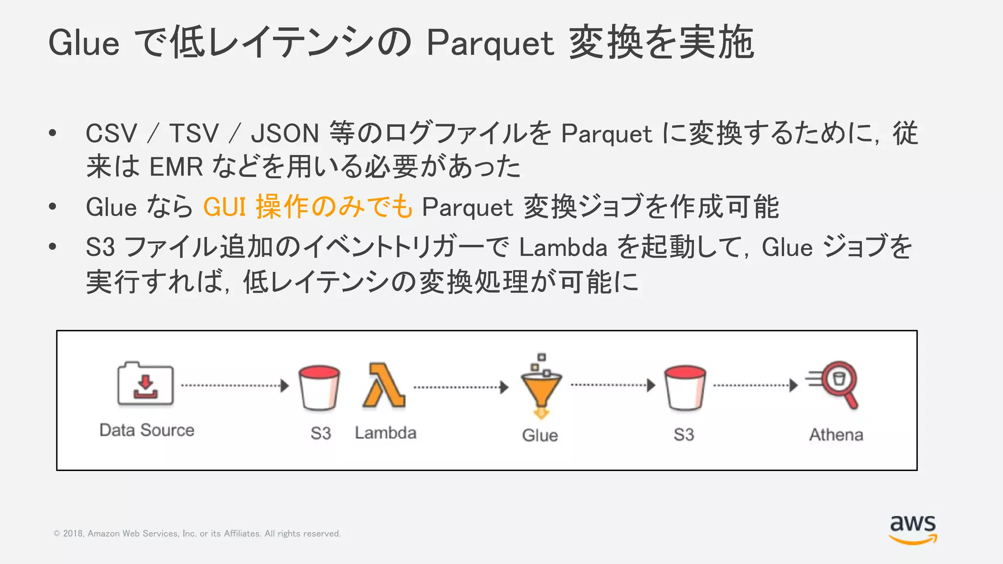 © 2018, Amazon Web Services, Inc. or its Affiliates. All rights reserved.
Glue で低レイテンシの Parquet 変換を実施
• CSV / TSV / JSON 等のログファイルを Parquet に変換するために，従
来は EMR などを用いる必要があった
• Glue なら GUI 操作のみでも Parquet 変換ジョブを作成可能
• S3 ファイル追加のイベントトリガーで Lambda を起動して，Glue ジョブを
実行すれば，低レイテンシの変換処理が可能に
 