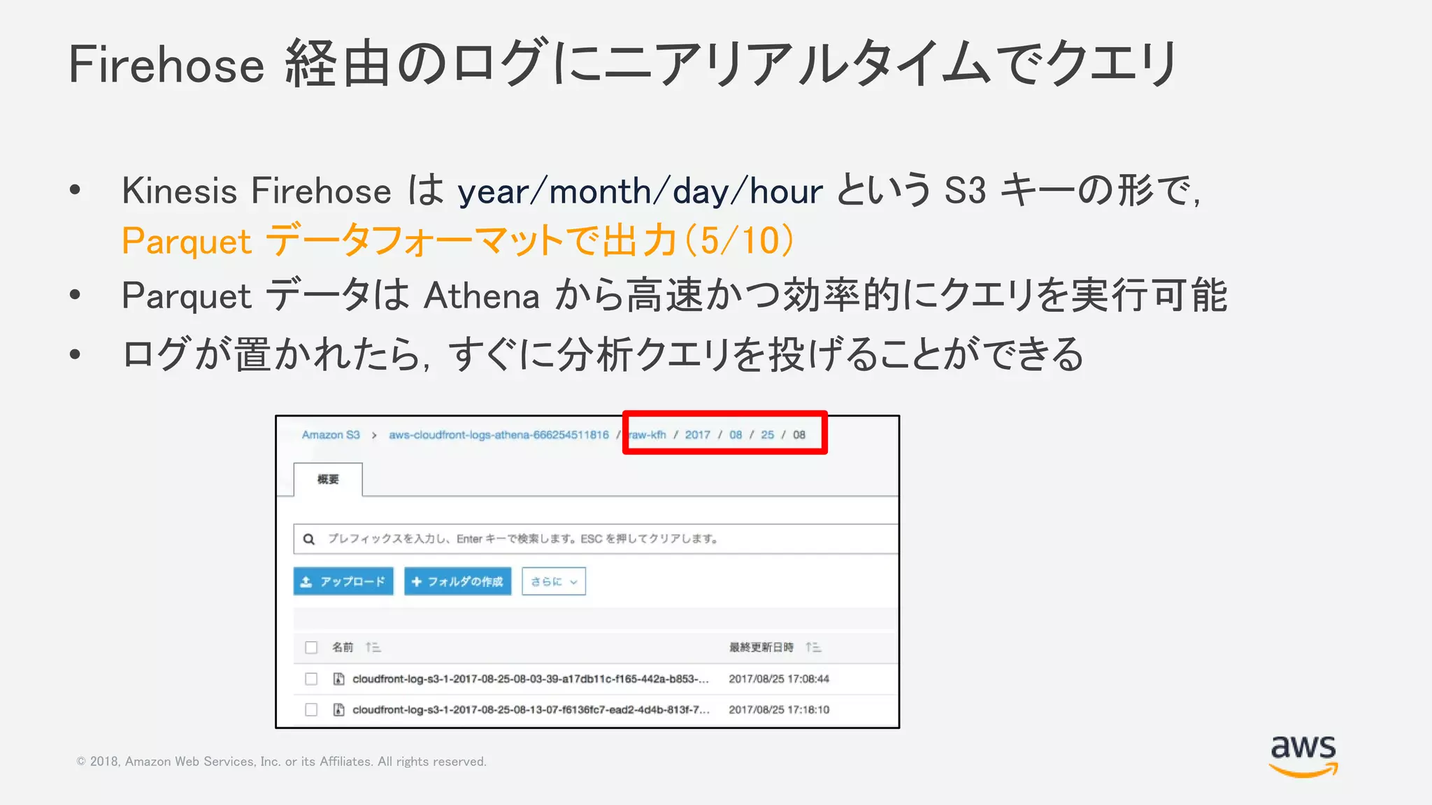 © 2018, Amazon Web Services, Inc. or its Affiliates. All rights reserved.
Firehose 経由のログにニアリアルタイムでクエリ
• Kinesis Firehose は year/month/day/hour という S3 キーの形で，
Parquet データフォーマットで出力（5/10）
• Parquet データは Athena から高速かつ効率的にクエリを実行可能
• ログが置かれたら，すぐに分析クエリを投げることができる
 