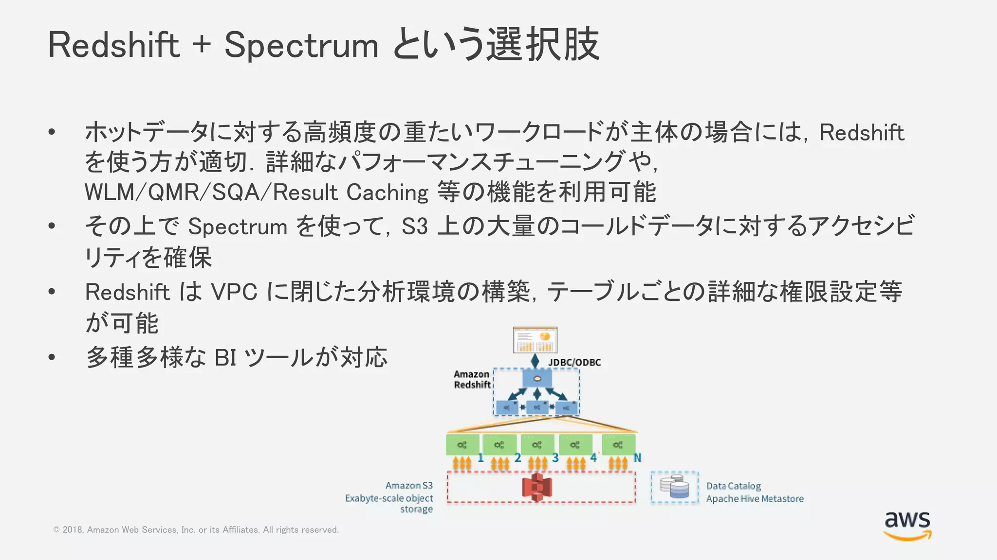 © 2018, Amazon Web Services, Inc. or its Affiliates. All rights reserved.
Redshift + Spectrum という選択肢
• ホットデータに対する高頻度の重たいワークロードが主体の場合には，Redshift
を使う方が適切．詳細なパフォーマンスチューニングや，
WLM/QMR/SQA/Result Caching 等の機能を利用可能
• その上で Spectrum を使って，S3 上の大量のコールドデータに対するアクセシビ
リティを確保
• Redshift は VPC に閉じた分析環境の構築，テーブルごとの詳細な権限設定等
が可能
• 多種多様な BI ツールが対応
 