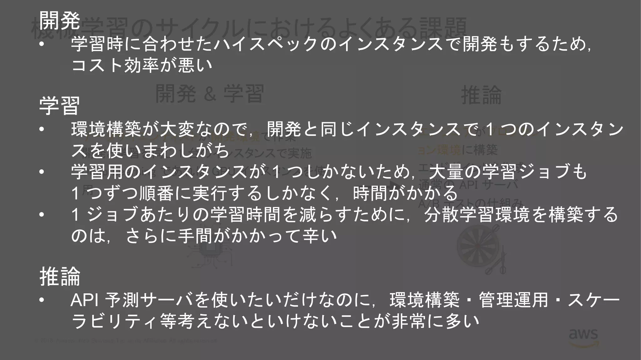 © 2018, Amazon Web Services, Inc. or its Affiliates. All rights reserved.
機械学習のサイクルにおけるよくある課題
開発 & 学習 推論
エンジニアがプロダクシ
ョン環境に構築
エンドポイントを作成
通常の API サーバ
A/B テストの仕組み
データサイエンティストが開発環境で作業
開発と学習を同じ 1 台のインスタンスで実施
Deep Learning であれば GPU インスタンスを使
用
開発
• 学習時に合わせたハイスペックのインスタンスで開発もするため，
コスト効率が悪い
学習
• 環境構築が大変なので，開発と同じインスタンスで 1 つのインスタン
スを使いまわしがち
• 学習用のインスタンスが 1 つしかないため，大量の学習ジョブも
1 つずつ順番に実行するしかなく，時間がかかる
• 1 ジョブあたりの学習時間を減らすために，分散学習環境を構築する
のは，さらに手間がかかって辛い
推論
• API 予測サーバを使いたいだけなのに，環境構築・管理運用・スケー
ラビリティ等考えないといけないことが非常に多い
 