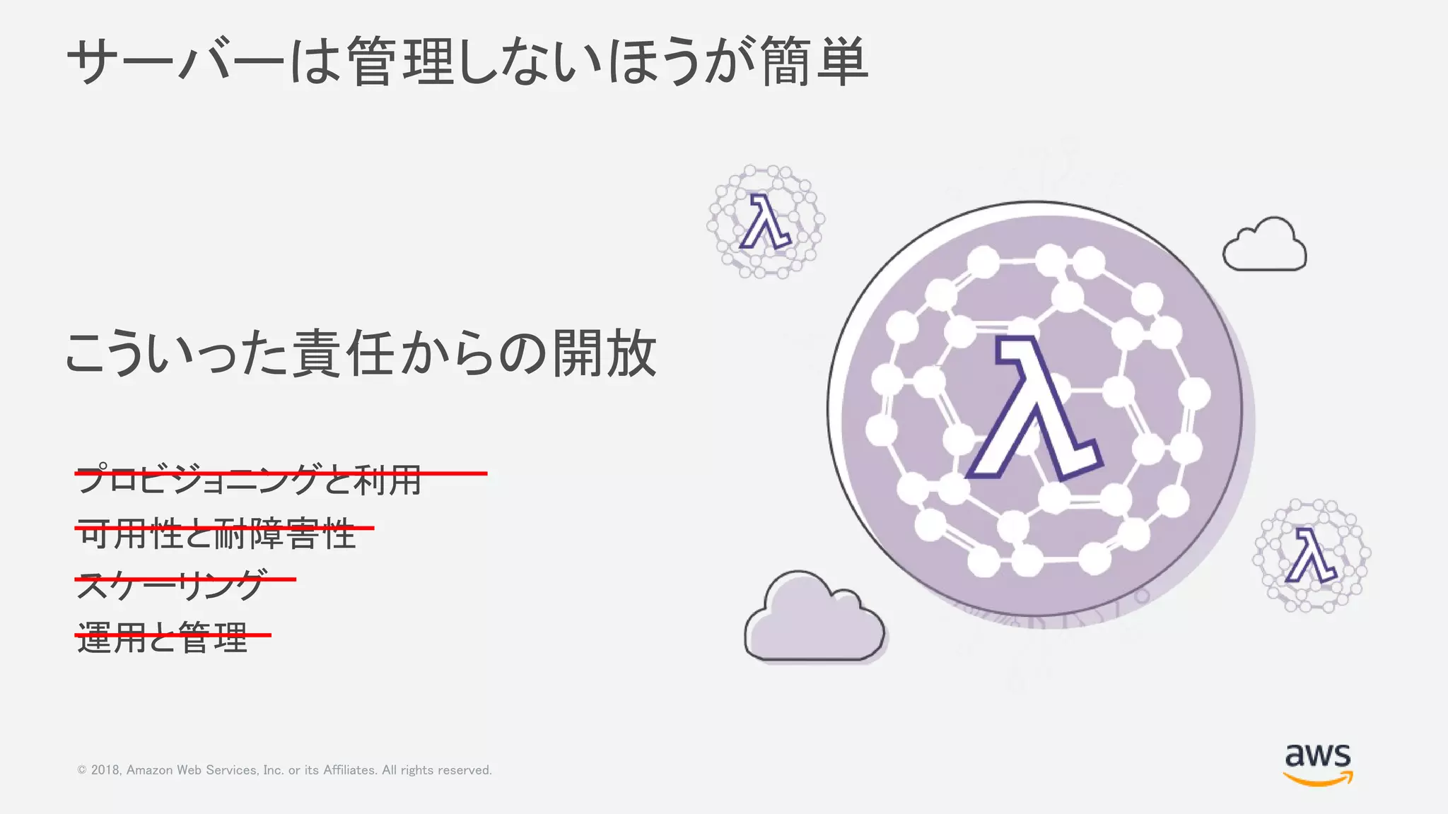 © 2018, Amazon Web Services, Inc. or its Affiliates. All rights reserved.
サーバーは管理しないほうが簡単
こういった責任からの開放
プロビジョニングと利用
可用性と耐障害性
スケーリング
運用と管理
 