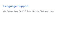 Language Support
Go, Python, Java, C#, PHP, Ruby, Node.js, Shell, and others
 