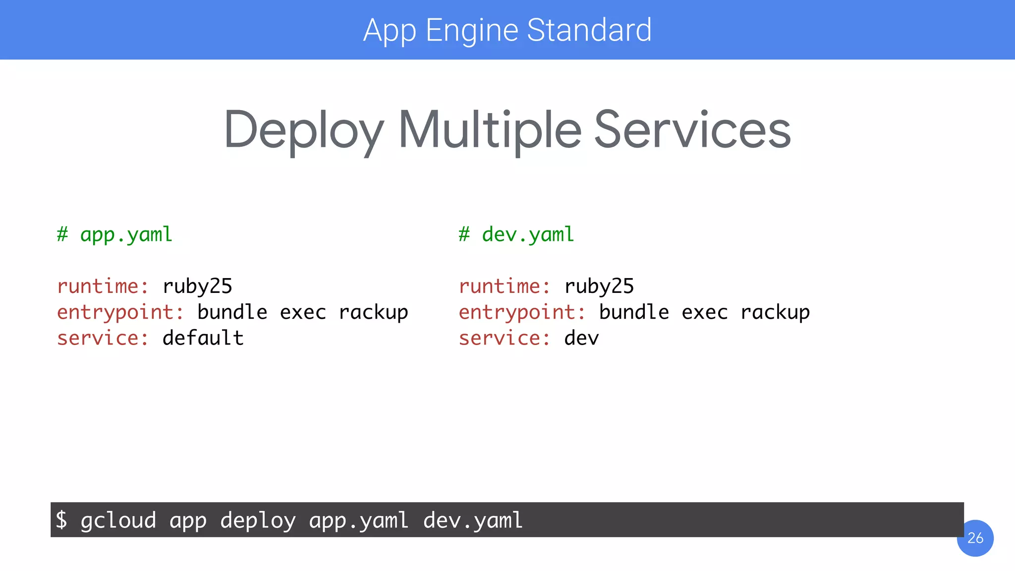 26
Deploy Multiple Services
$ gcloud app deploy app.yaml dev.yaml
# app.yaml
runtime: ruby25
entrypoint: bundle exec rackup
service: default
App Engine Standard
# dev.yaml
runtime: ruby25
entrypoint: bundle exec rackup
service: dev
 